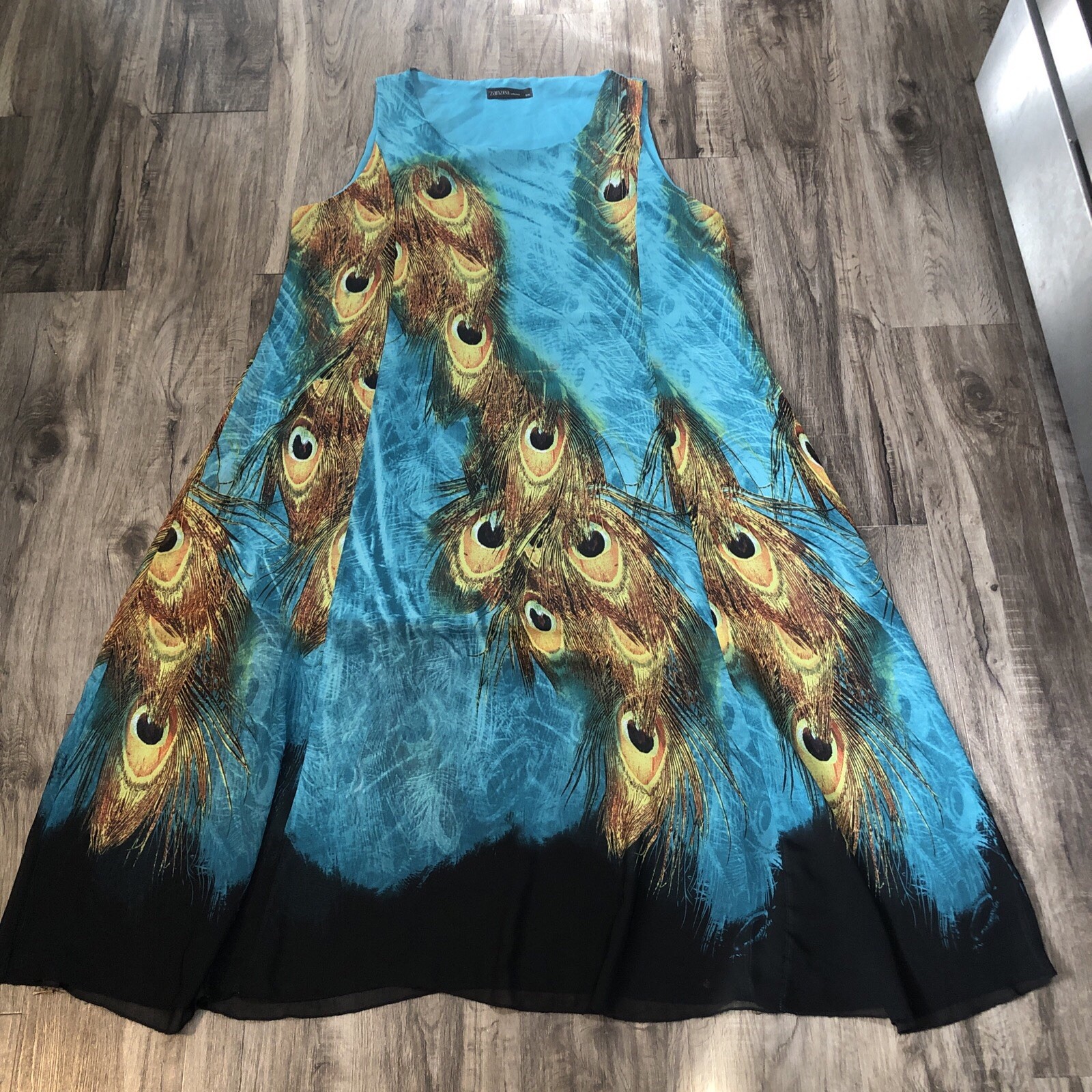 Peacock Feather Print Maxi Dress Turquoise Boho Sundress Womens 5XL Sheer Lined