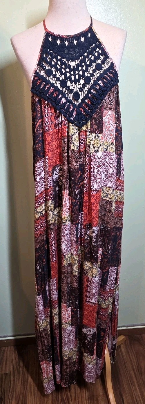 Boho Patchwork Print Halter Maxi Dress M Crochet Neck Retro Festival Beach NWT