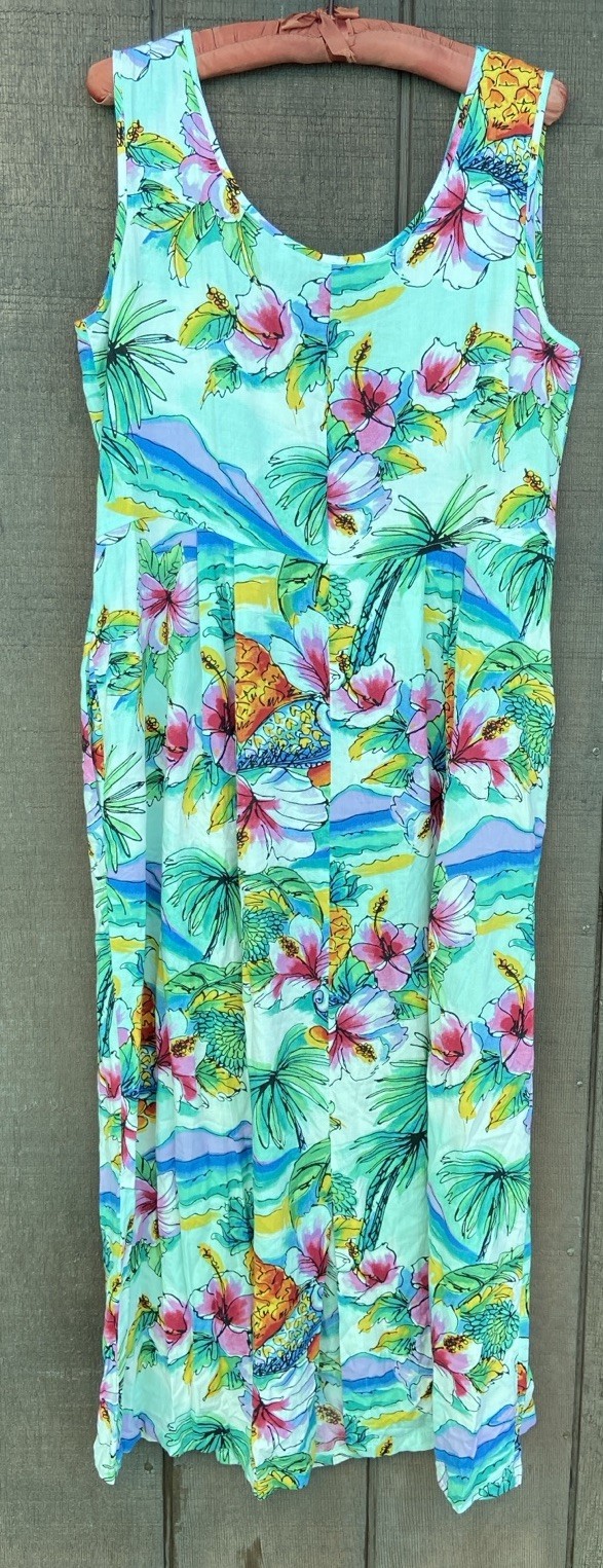 Vintage Jams World Shellbiscus Sleeveless Dress Maxi Tropical Floral Size Large