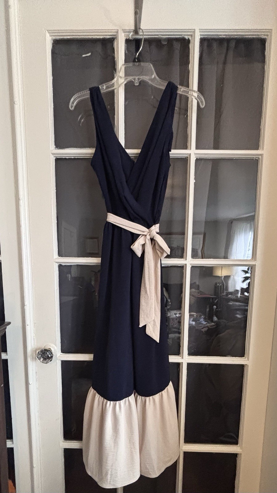 Navy/Cream Sleeveless Midi Fit & Flare Dress V-Neck Colorblock Belted
