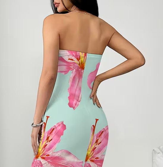 NEW Medium Elegant Sleveless Ruched Mint Green Maxi Dress w Pink & White Flowers