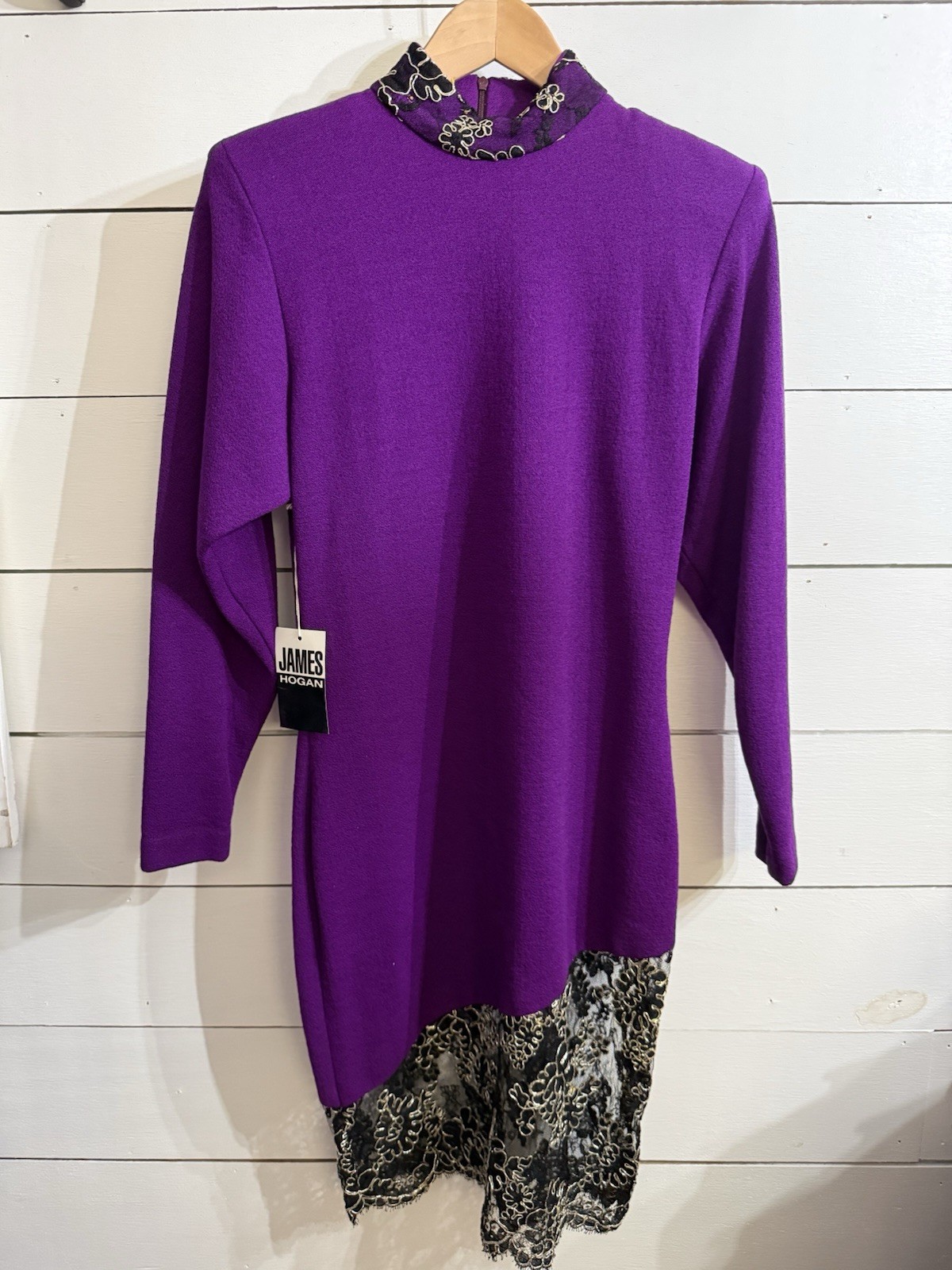 James Hogan VTG Sz 8 Purple 100% Wool Lace Statement Evening Party Dress $680