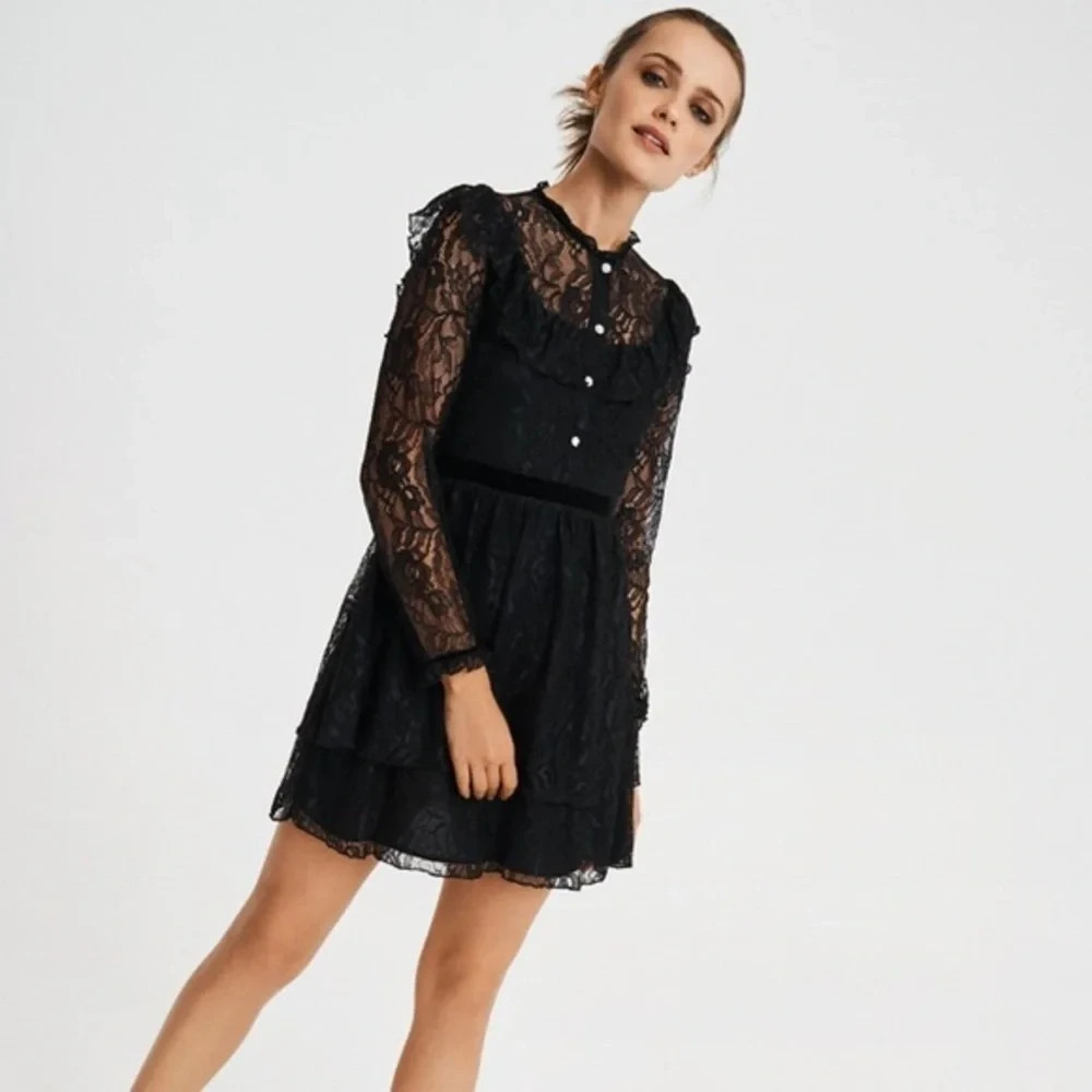 Zara Dainty Lace Ruffle Tiered Jeweled Button Long Sleeve Black Mini Dress S NWT