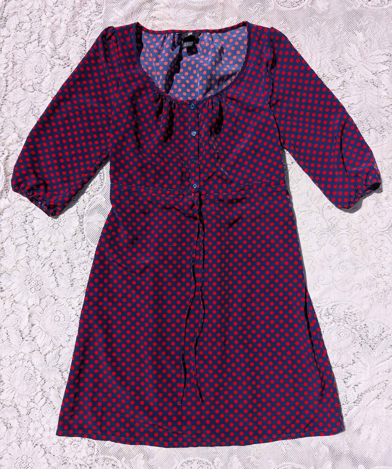 H&M Retro 90s Y2K Blue Red Polkadot Balloon Sleeve Button Drawstring Dress M
