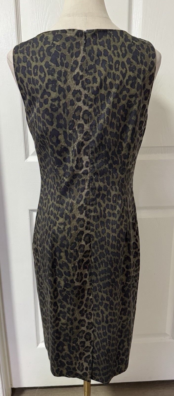 6 Olive Green Black Leopard Print Shift Pencil Dress Stretch Tank Cotton Blend