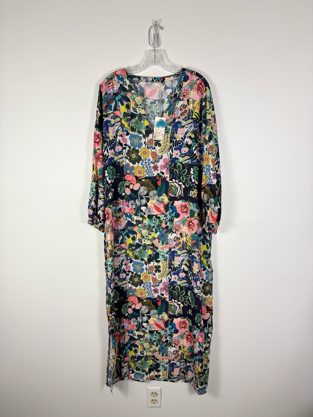 Johnny Was Kaftan Dress Large Floral Rayon Puff Sleeve Maxi Coverup Boho Beach