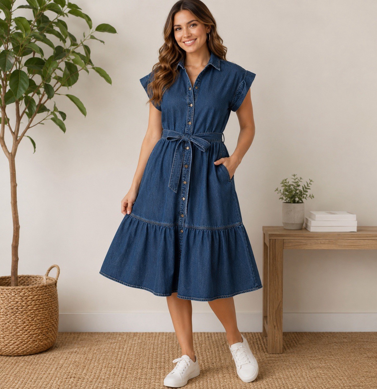 Ava & Viv Denim Tiered Vneck Dress Belted Cap Sleeve Button Dark Wash Size XXL