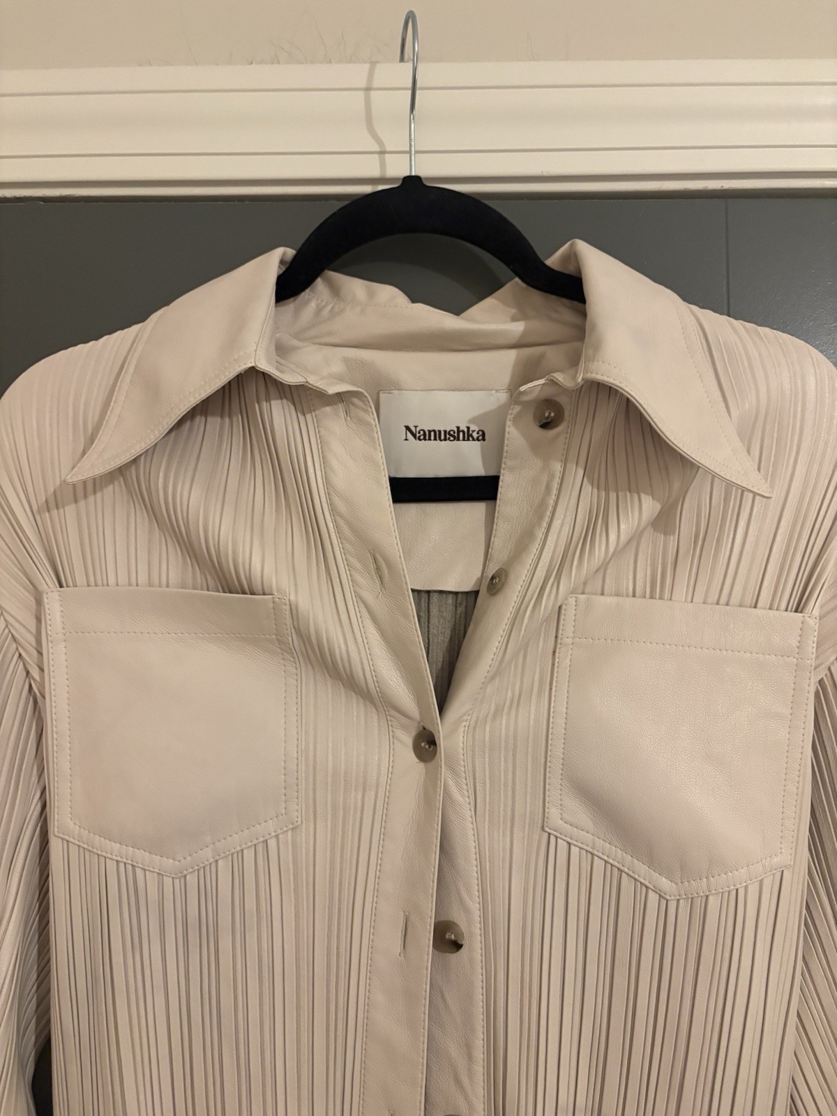 Nanushka Lee Pleated Vegan Leather Shirt Midi Dress Cream XS Made Italy