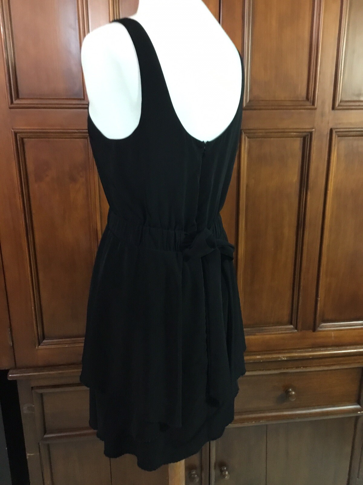 BCBG Generation Dress Solid Black Full Zip And Tie Back Cute Skirt Layer Elastic
