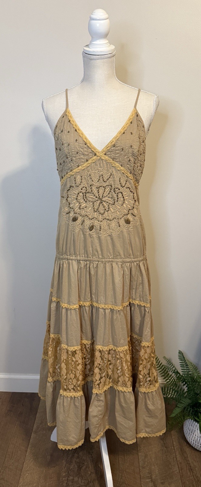 Nancy-K Bohemian Maxi Sleeveless Dress Embroidered Beaded Lace Sz L