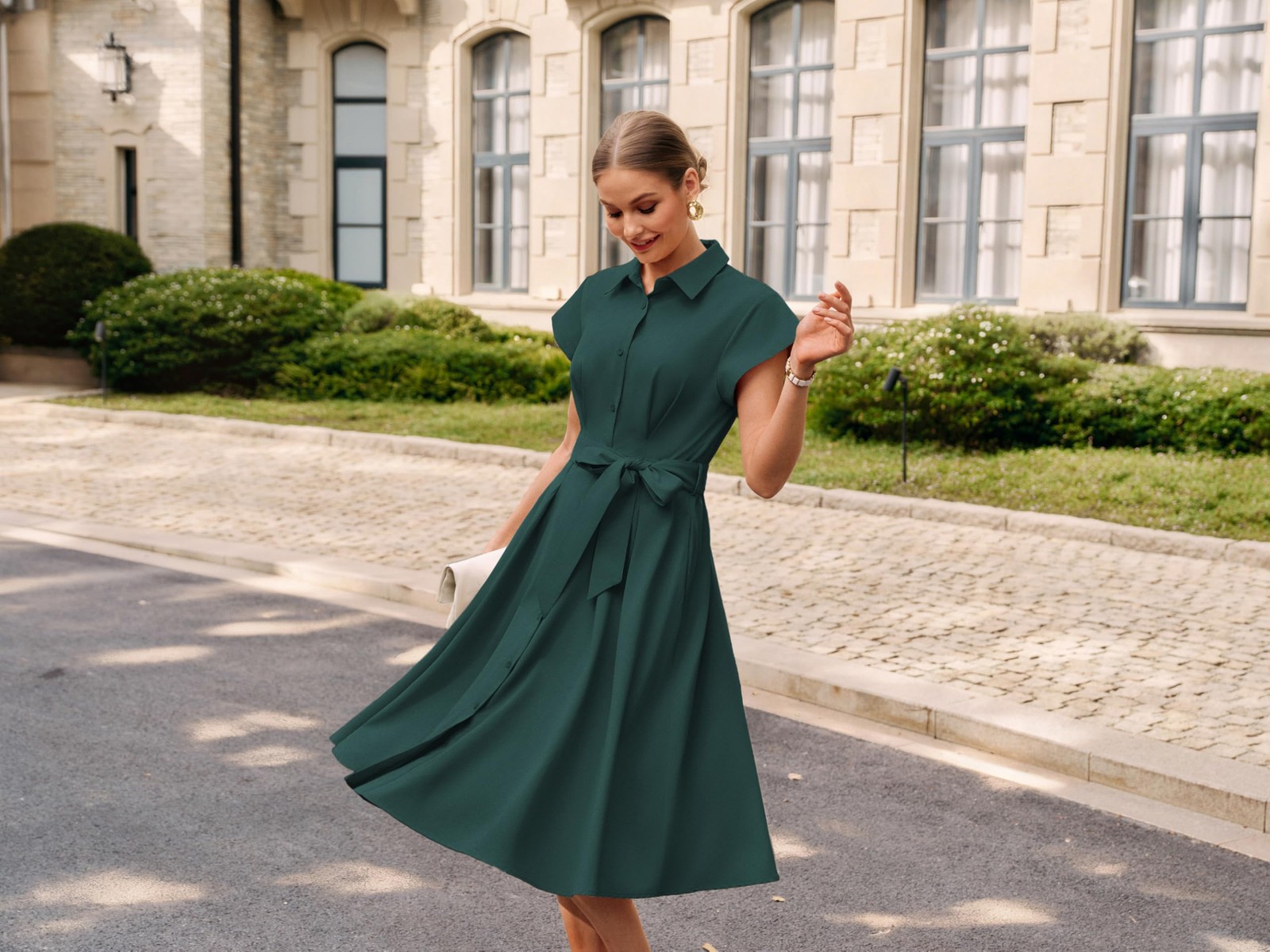 Womens Work Business Casual Midi Shirt Dresses Dark Green 2XL