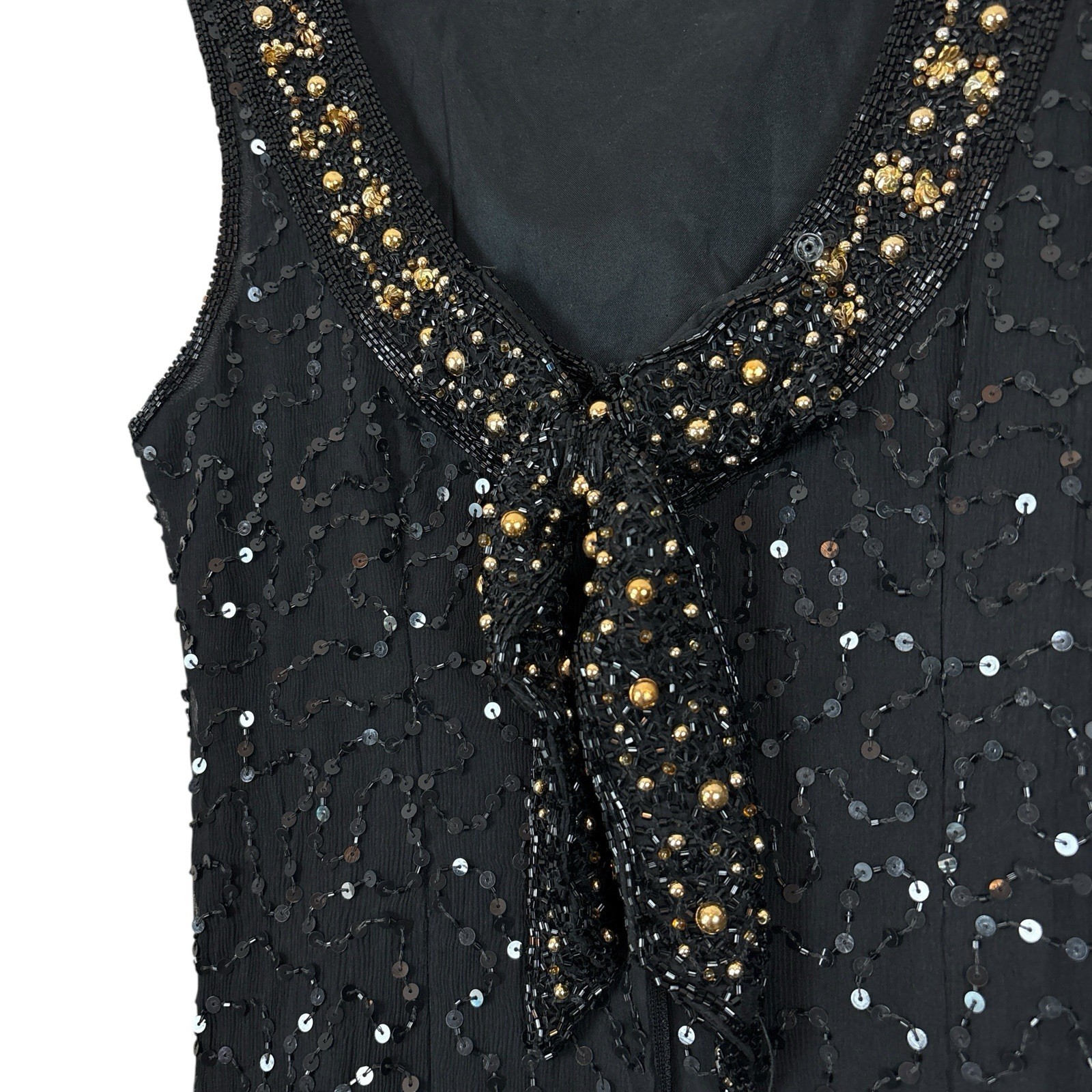Stenay Silk Beaded Sequined Bow Low Back Long Evening Dress Black Gold Size 4
