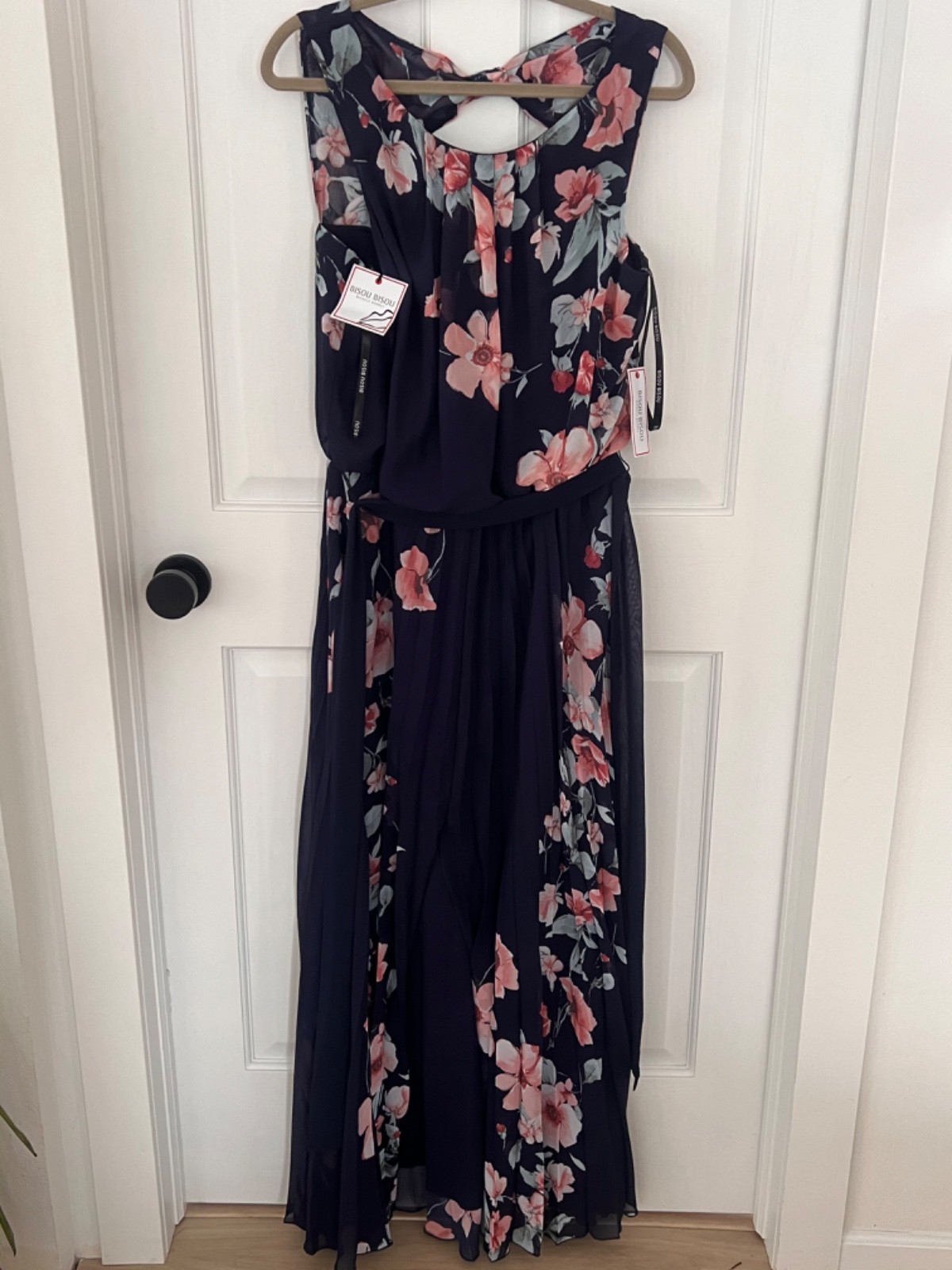 & NWT! Bisou Bisou Michelle Bohbot Size 14 Long Dress Maxi Navy Rose Aqua Floral