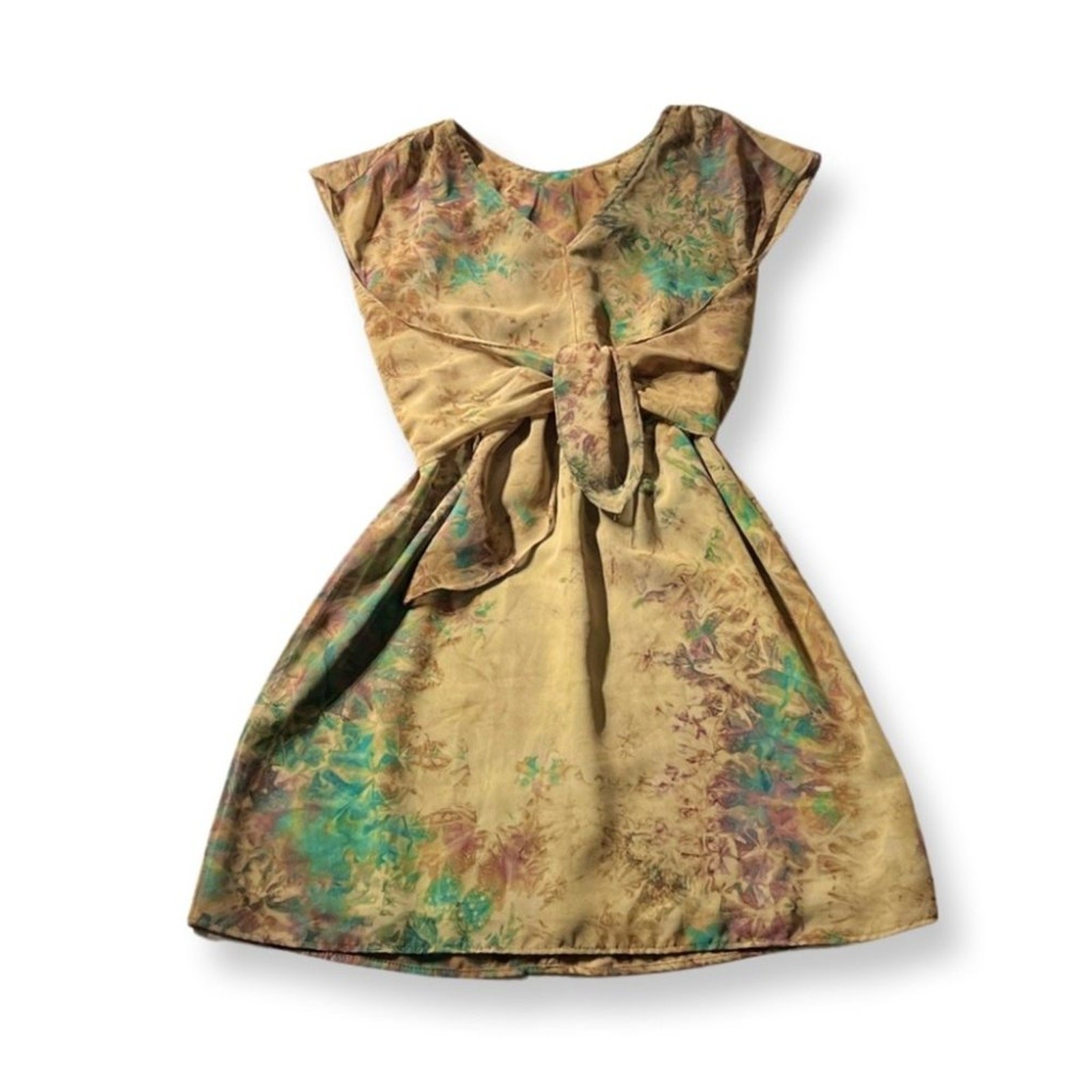 Earth Toned Water Color Print Tie-Front Elastic Waist Sheer Boho Dress Medium