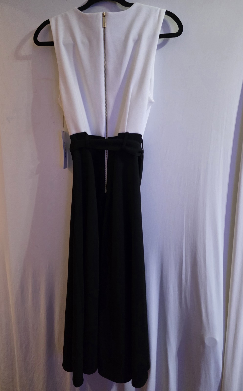 Calvin Klein NWT Black White Colorblock Midi Dress Tie Waist Size 10