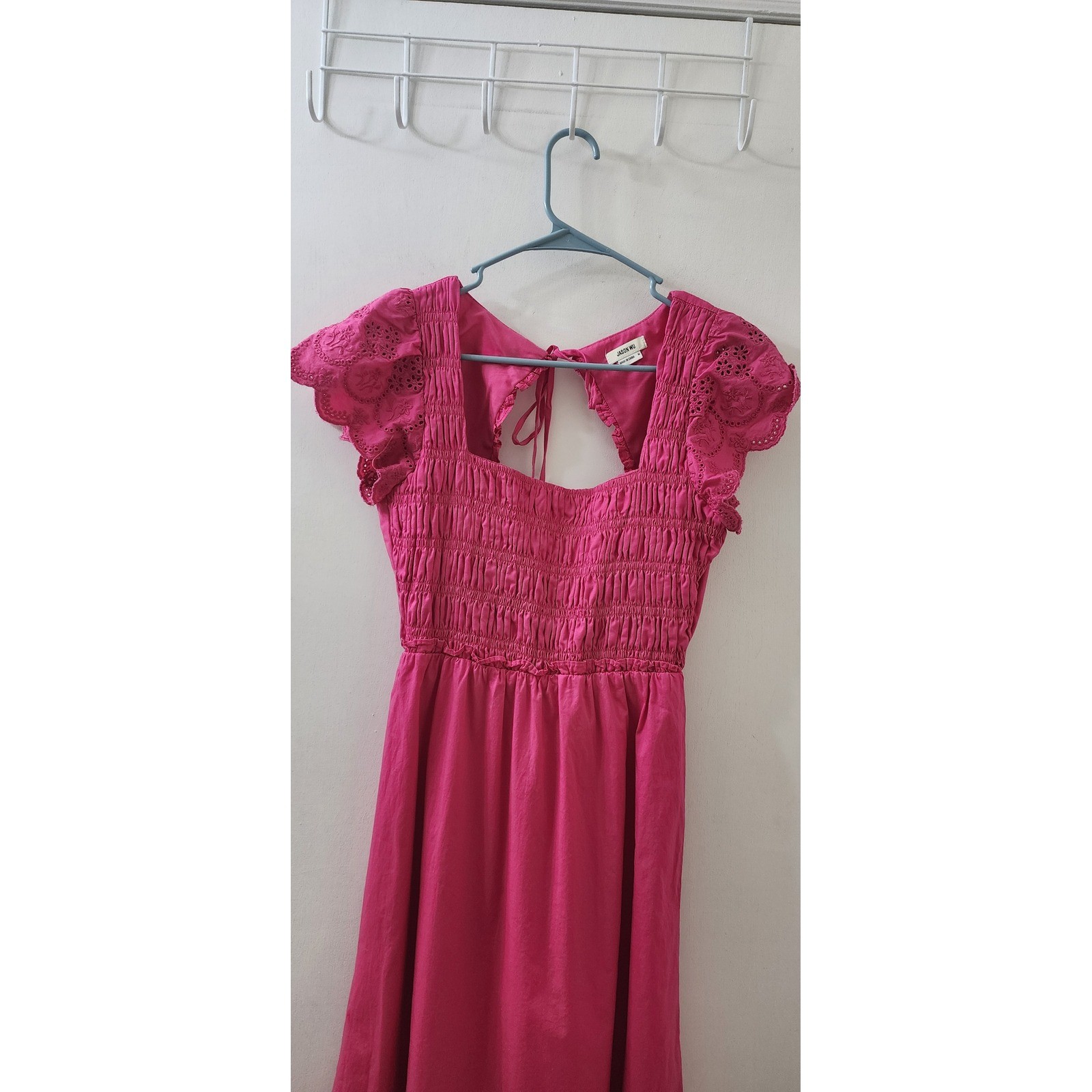 Jason Wu Pink Smocked Eyelet Flutter Sleeve Open Back Midi Dress