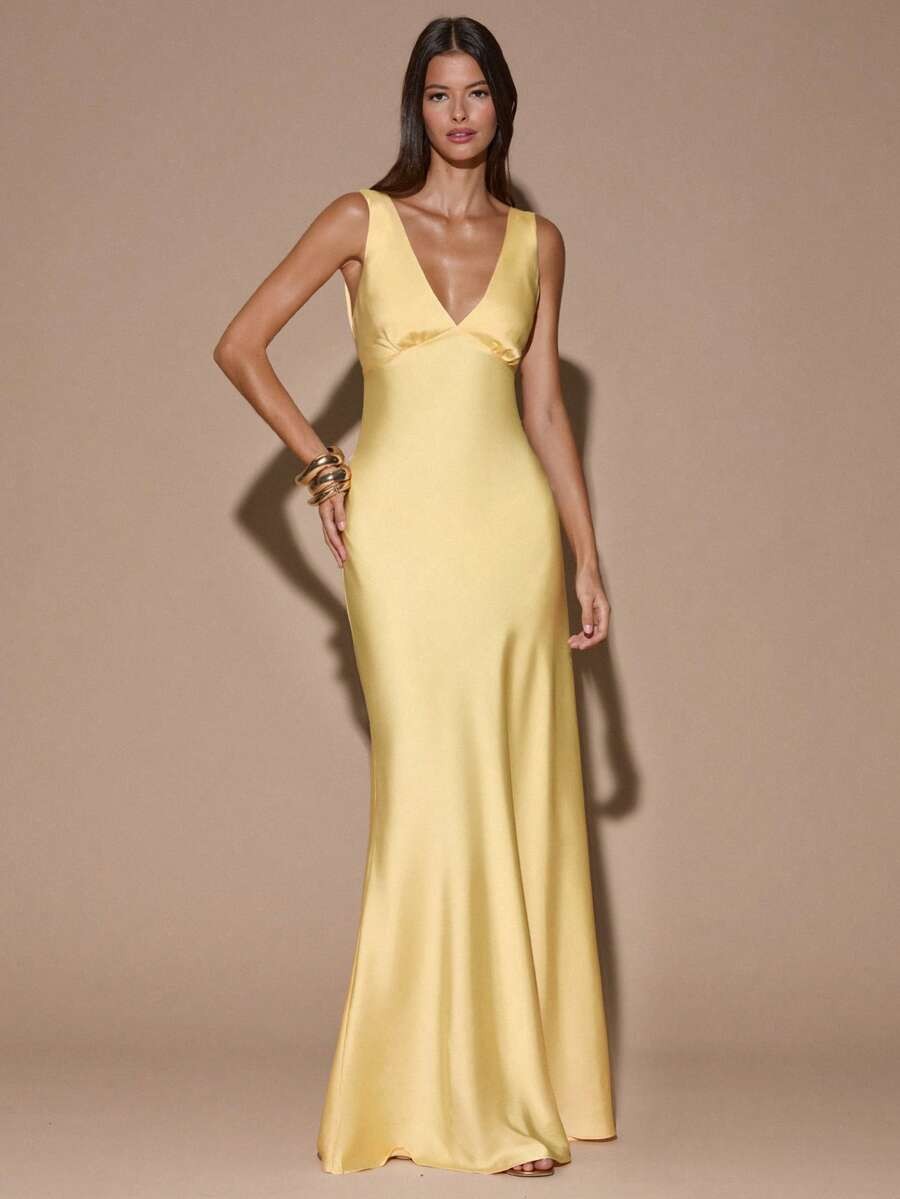 Elegant Satin Maxi Dress Deep V Neck Criss Cross Backless Mermaid Wedding