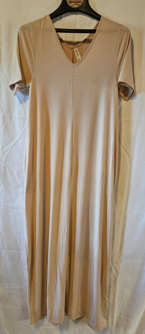 Zenana Stretch Jersey Short Sleeve V- Neck Maxi T Shirt Dress Beige Large