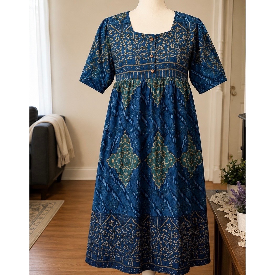 Sante Classics XL Blue Green Cotton Batik Print Empire Waist Midi Dress Pockets