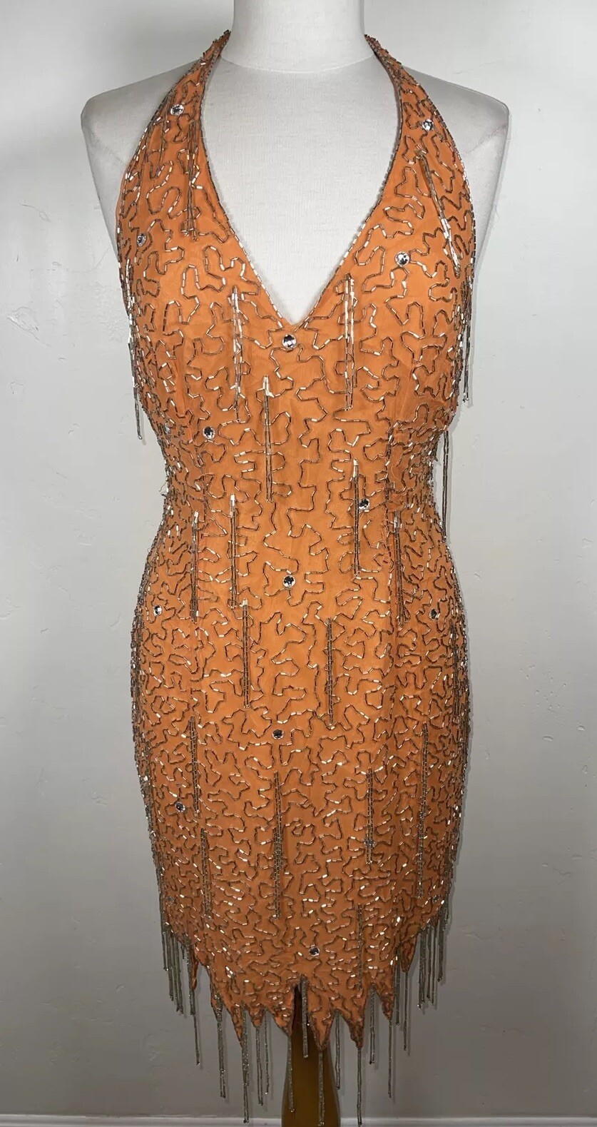 Beaded Rhinestone Fringe Asymmetrical Halter Dress Party Dancing Evening Small