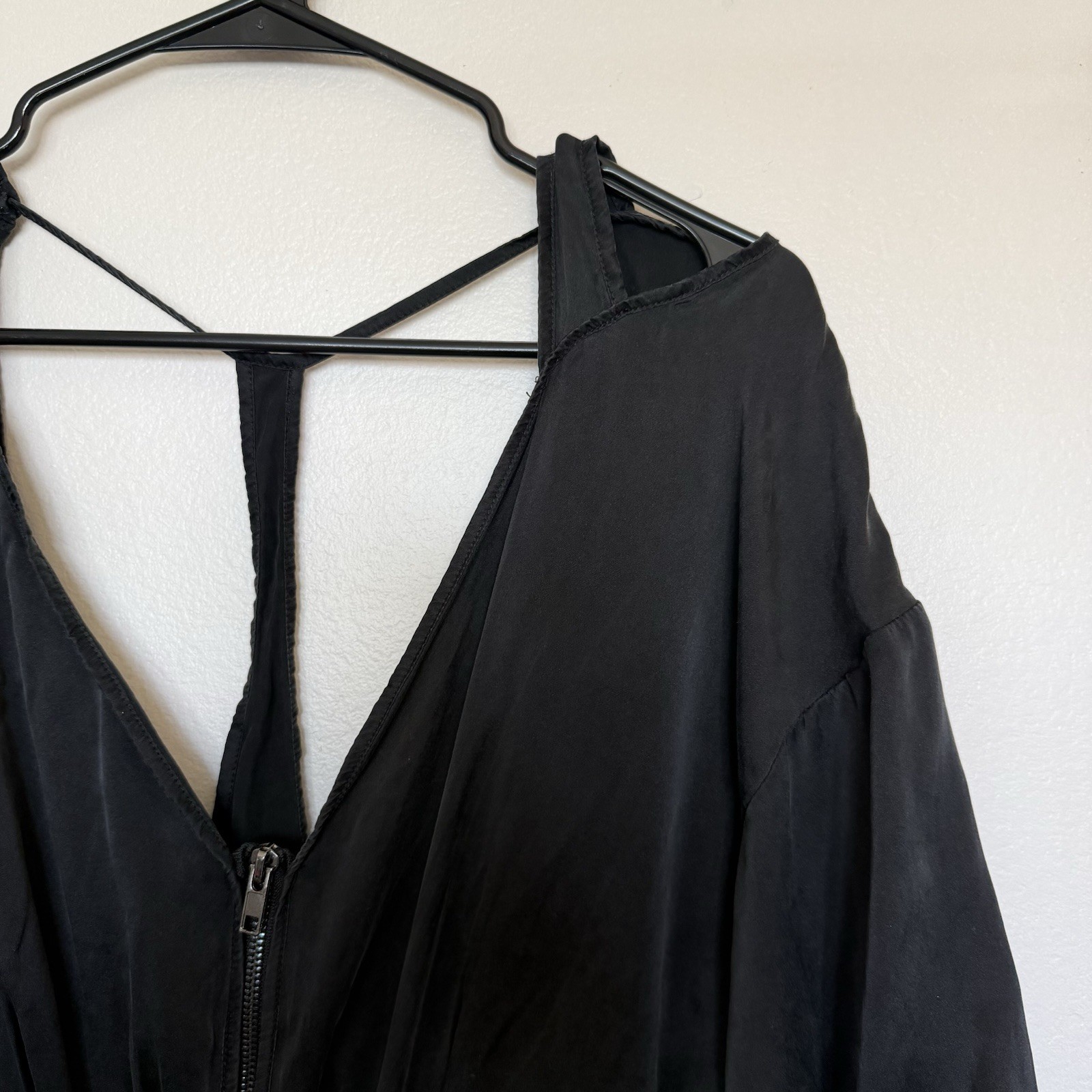 Functional Black Satin Mini Deep V Zip Open Back Cocktail Party Dress Size M