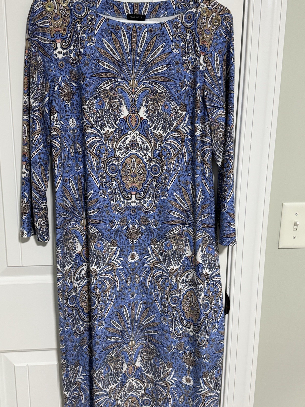 Talbots Blue Brown Paisley Shift Dress 3/4 Sleeve Boat Neck Button Accent L