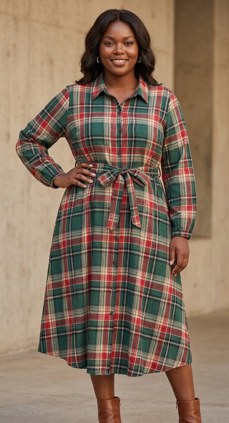 BloomChic Plaid Button Detail Pocket Belted Arc Hem Shirt Dress