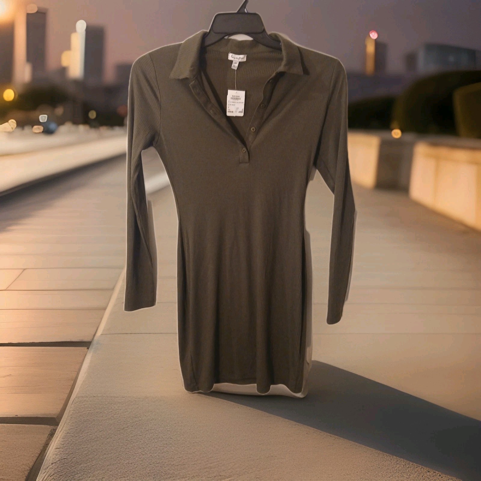 NWT Love Fire Dress Small Ribbed Knit Green Knee Length Long Sleeve