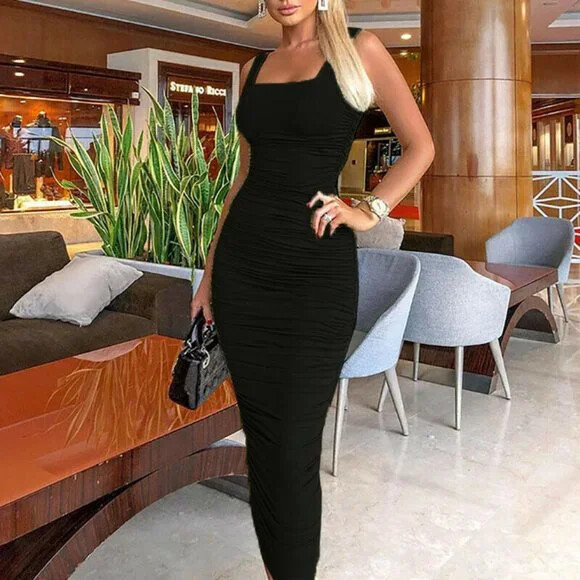 Women Green Square Neck Ruched Midi Tank Dress Sleeveless Soft Bodycon S M L