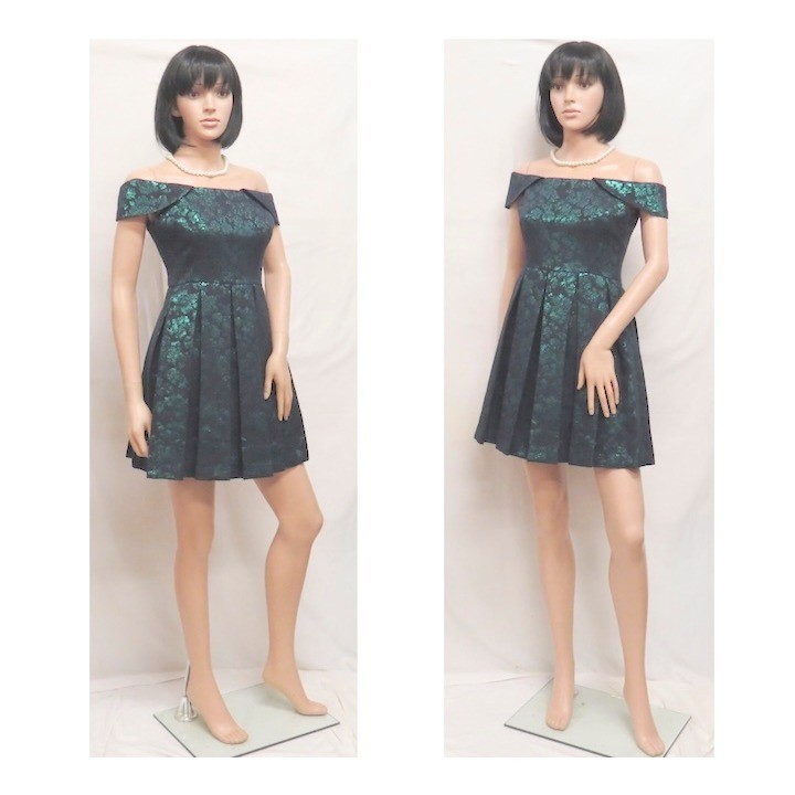 Off Shoulder Metallic Jacquard Fit Flare Dress Shimmer Green Gianni Bini Medium