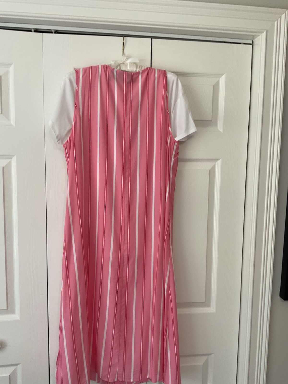 Attitudes by Renée M Pink White Striped V-Neck Button Front Shirt Dress Midi