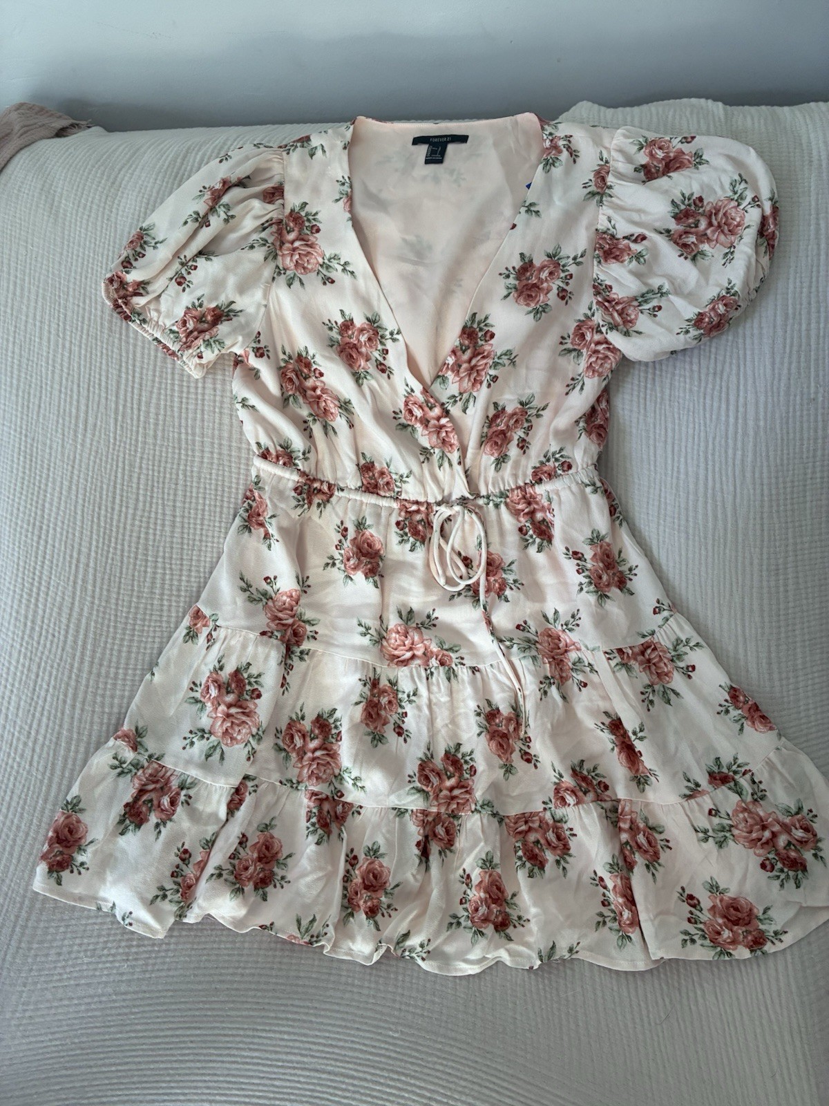 Forever 21 Floral V-Neck Puff Sleeve Tie Waist Tiered Mini Dress L