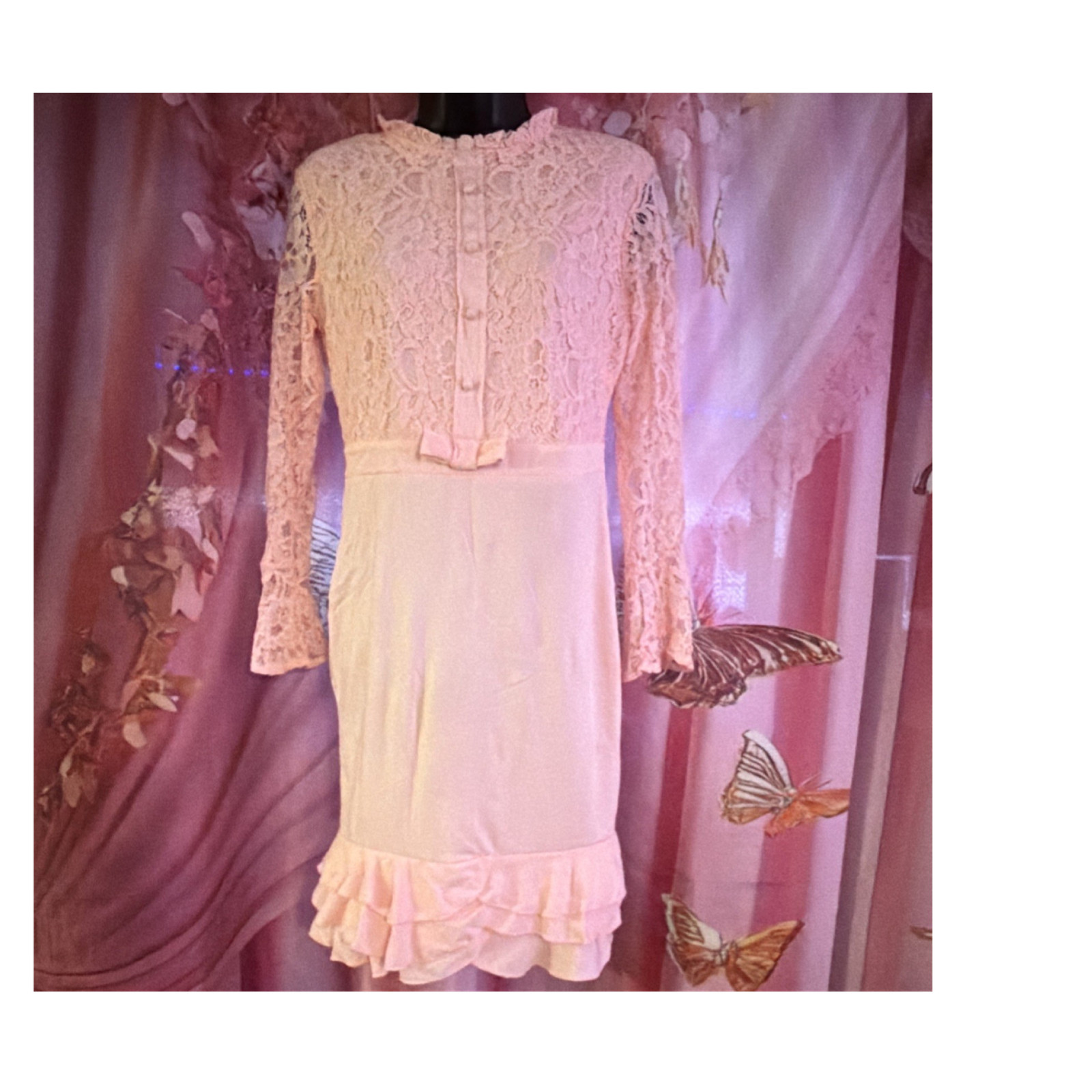 CBR Pink Lace Sheath Dress Long Bell Sleeve Ruffle Hem Bow Accent L
