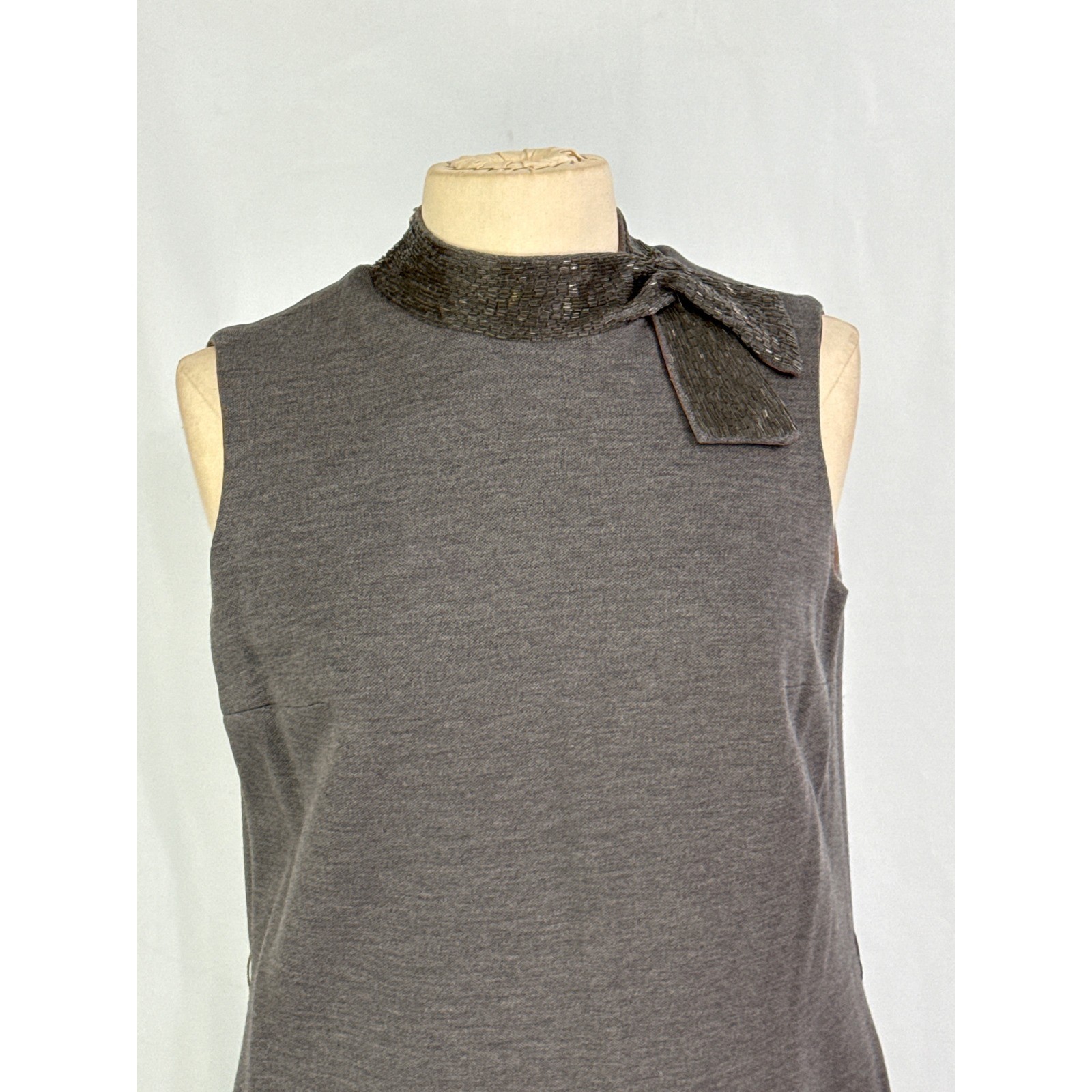 Vintage Grey Sleeveless Knit Sheath Dress Beaded Collar Bow Accent, 38 bust