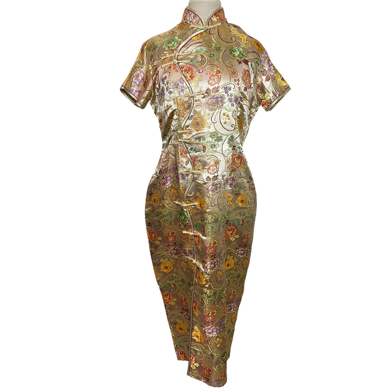 WahongMei Gold Floral Brocade Cheongsam Chinese Qipao Dress Mandarin Collar