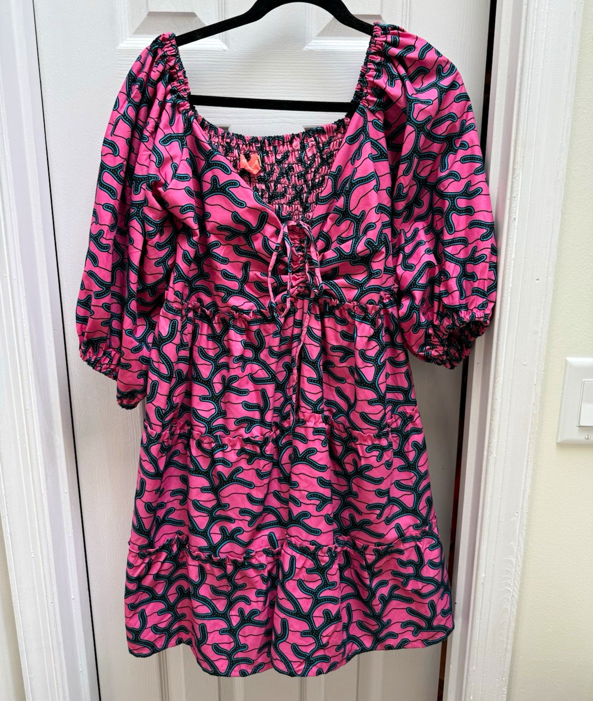 Women’s Elisa Mama Smocked Puff Sleeve V-Neck Mini Dress Pink/Blue XL