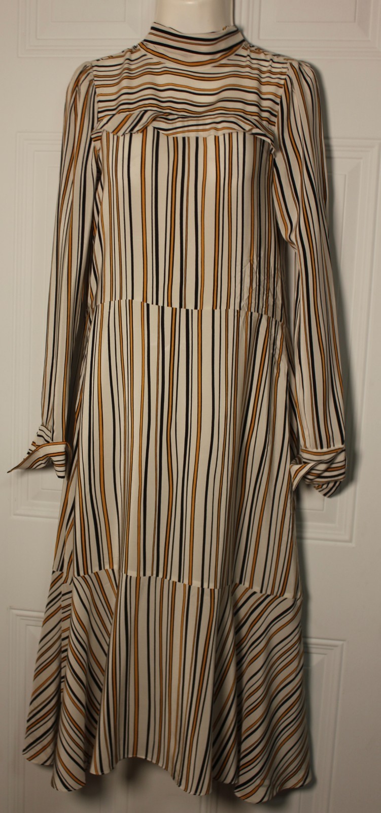 Dorothee Schumacher SatinDress Mock Neck Tiered Midi Luxury Designer SZ Medium