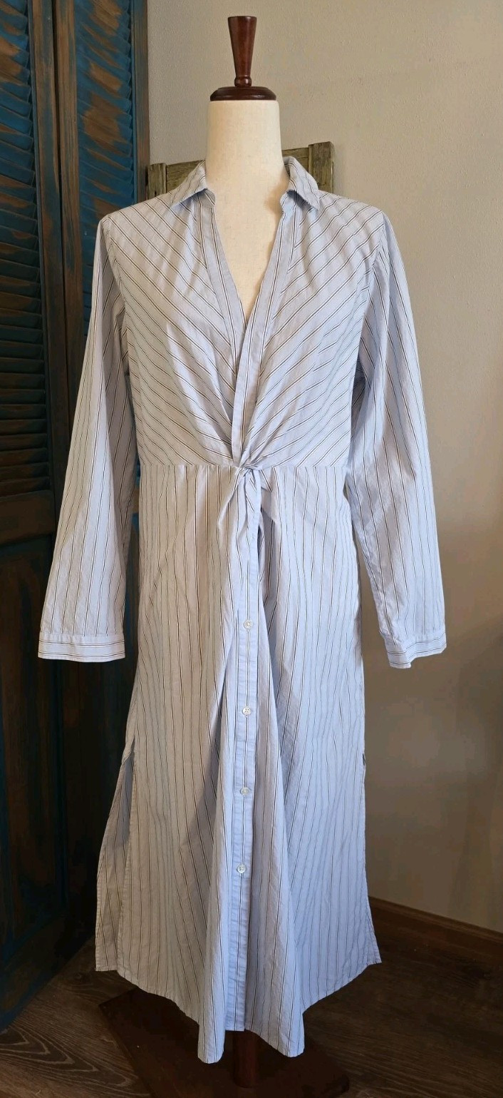 Rails Irie Hampton Stripe Twist Front Midi LS Shirt Dress Women L Blue Coastal