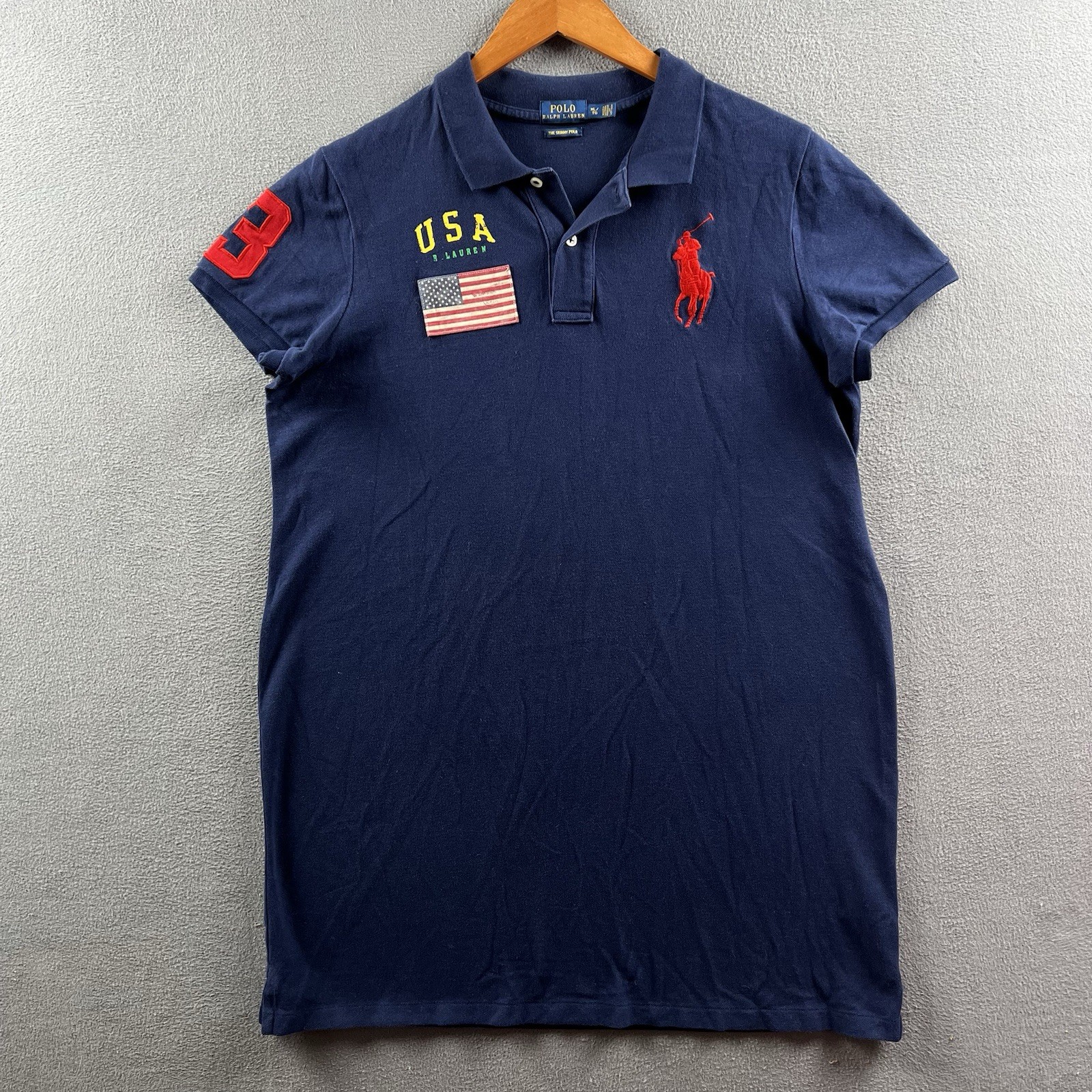 Polo Ralph Lauren Shirt Dress Women’s XL Blue The Skinny Polo USA Flag Big Pony