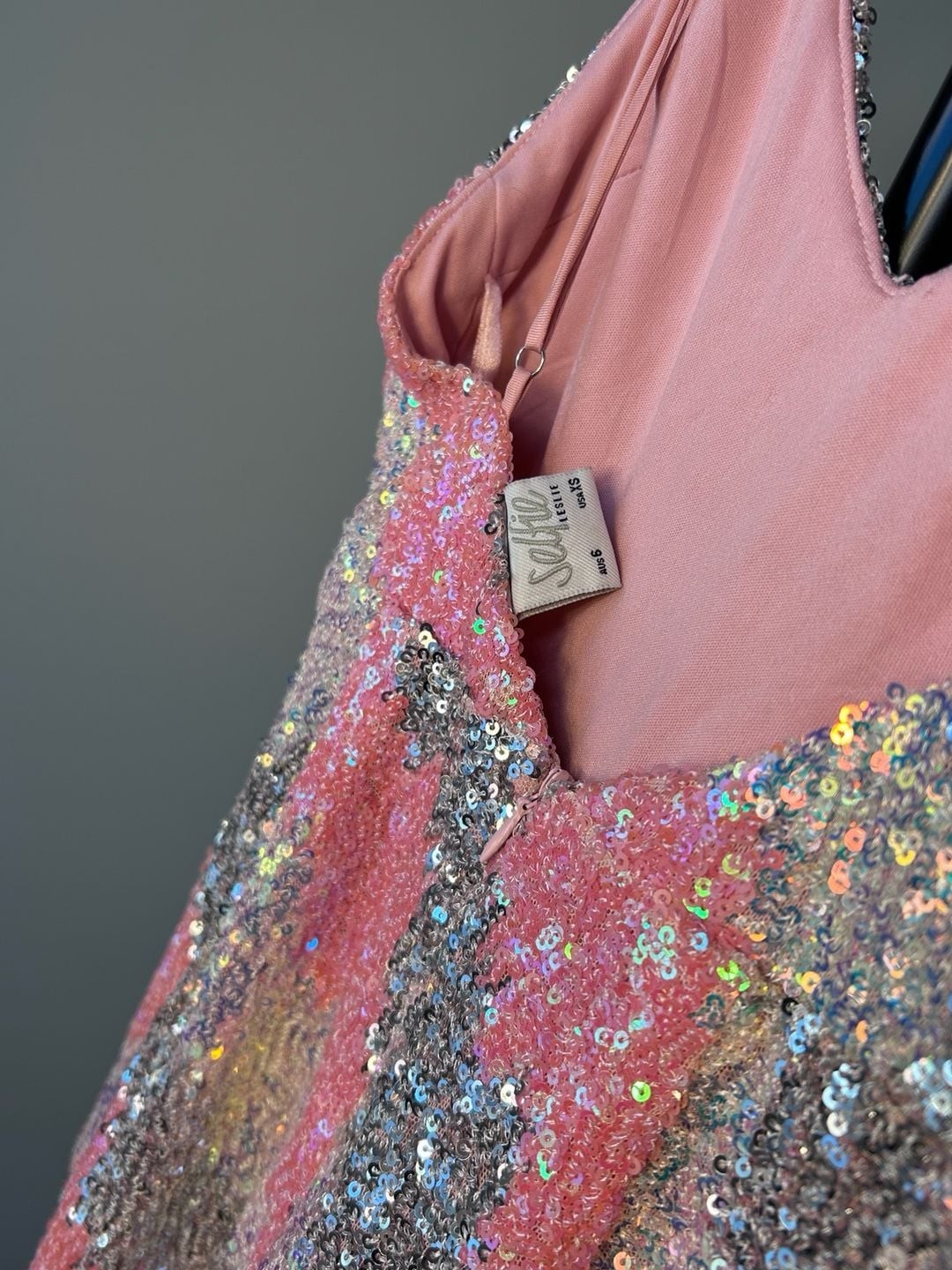 Selfie Leslie Take Note Cami Strap Sequin Mini Dress in Peach and Silver