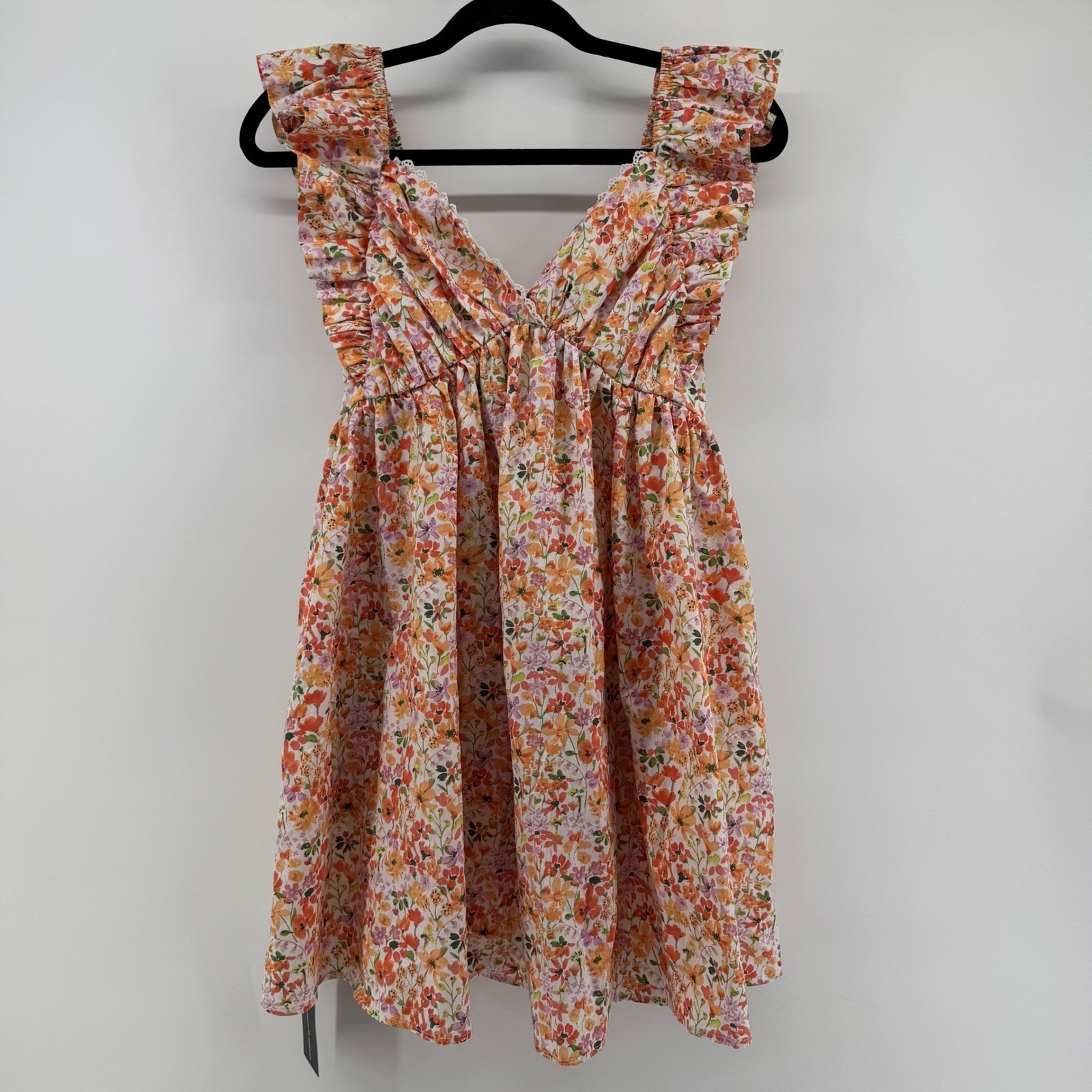 Floral Mini Dress Cottagecore Women Small Orange Ruffle Tie Back Bow Babydoll