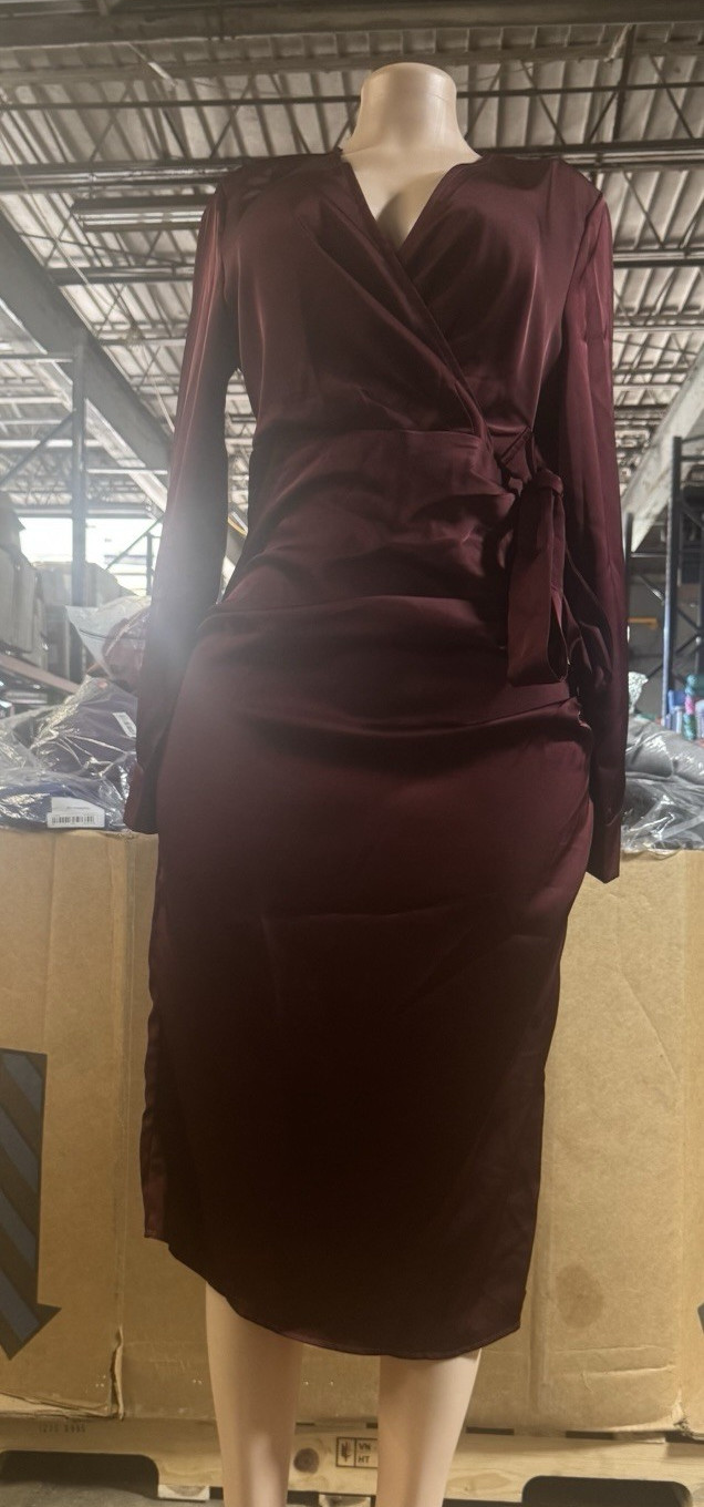 polyester 96 Burgundy Satin Wrap Midi Dress Ruched V-Neck Long Sleeve Tie Bow M