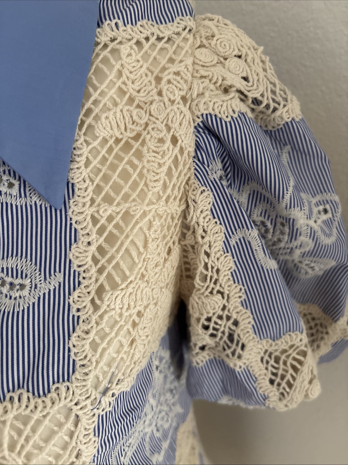 Sofie the label Blue Ivory Crochet Shirt Dress S Collared Puff Sleeve Button