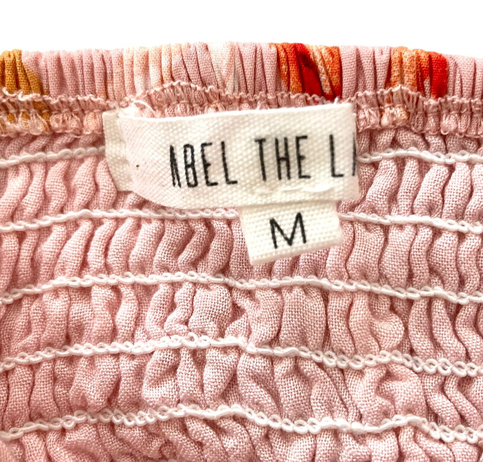 ABEL THE LABEL Lola Flower Bomb Midi Dress Sz M Flounced Hi Low Cutout Back Pink