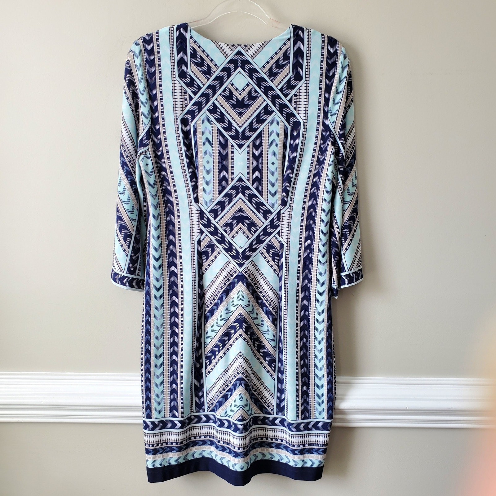 Blue White Scarf Print Jersey Shift Dress 10 Career Classic Church Holiday