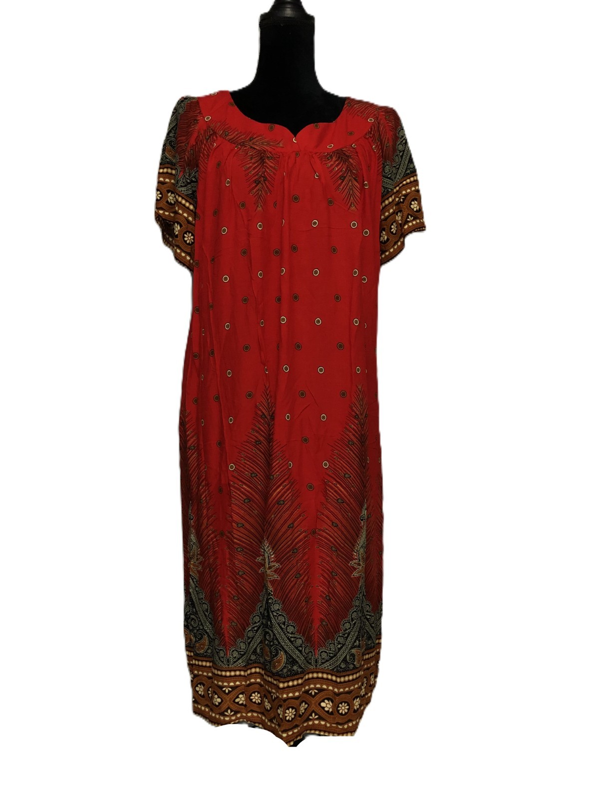 NWT EKOUAER 100% Rayon Kaftan Midi Dress Red Paisley Print Sz M V Neck Pockets