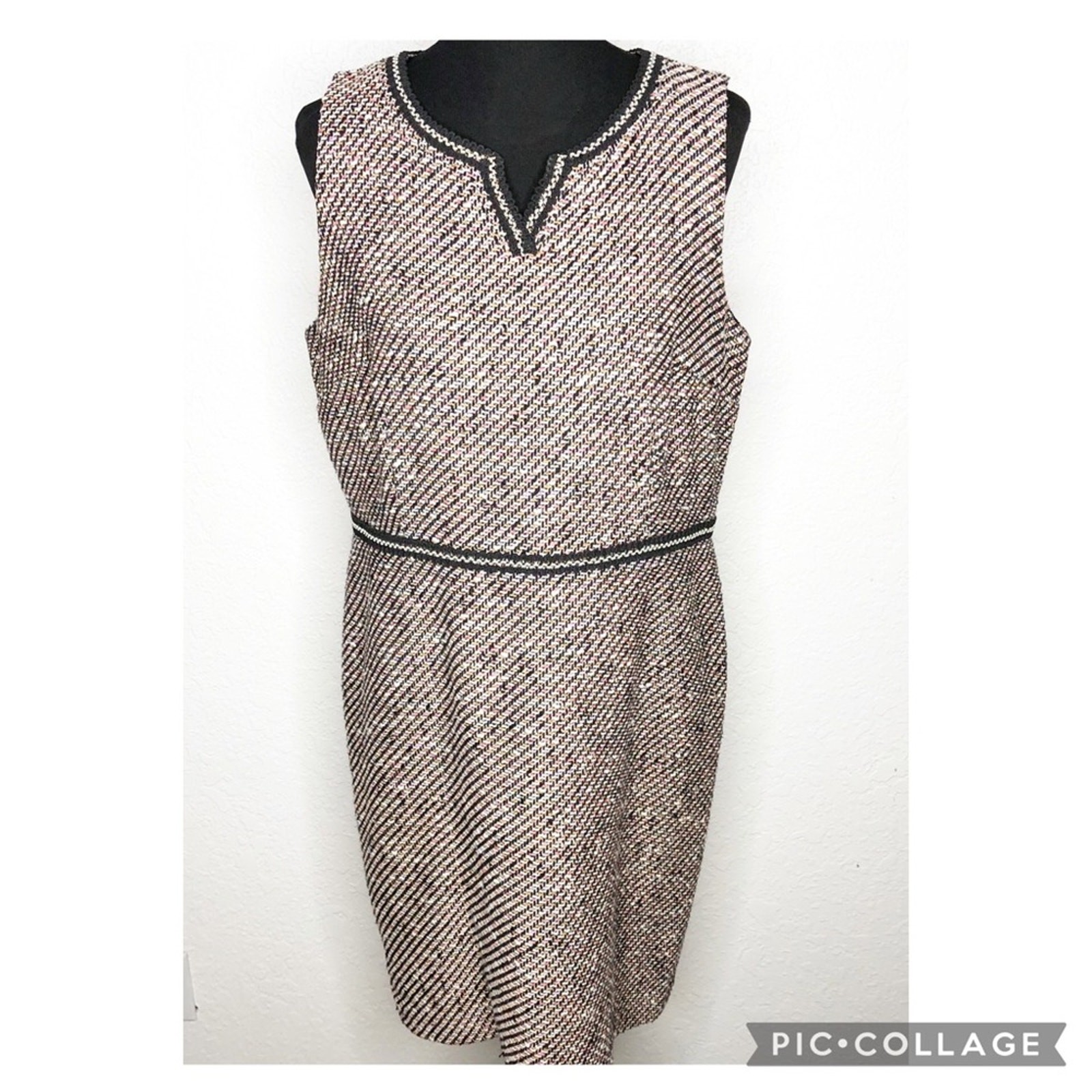 Talbots black white pink orange tweed sleeveless sheath dress size 14