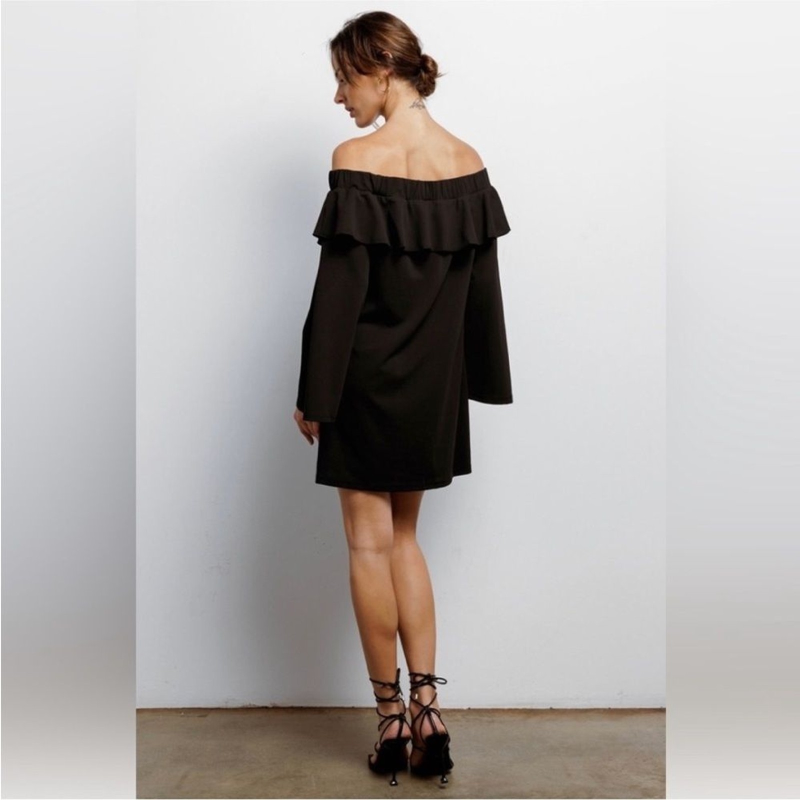 Black Mini Dress Long Bell Sleeve New XS S M
