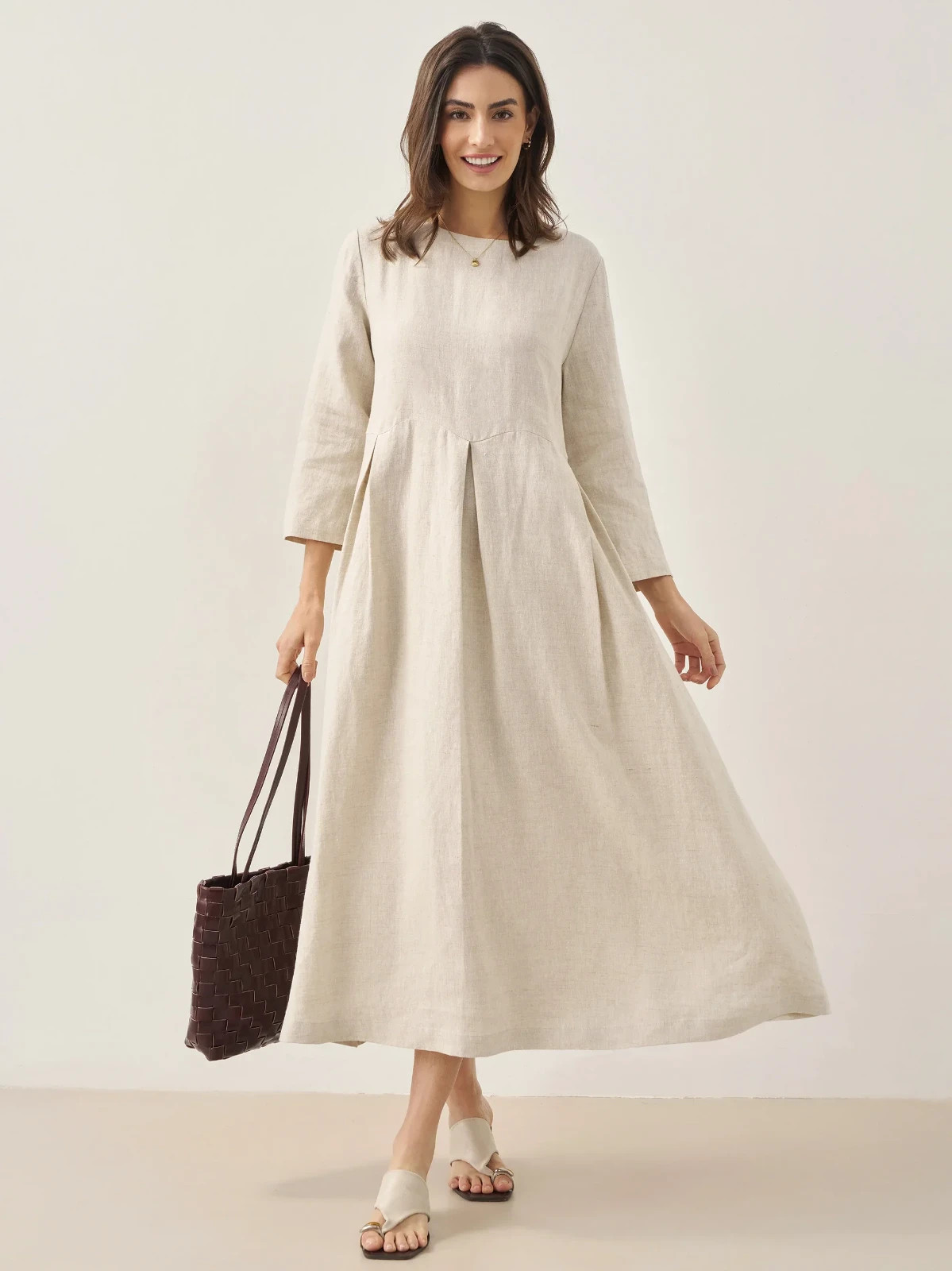 100% Linen Bateau Neck Pleated Maxi Dress Women Linen Dress