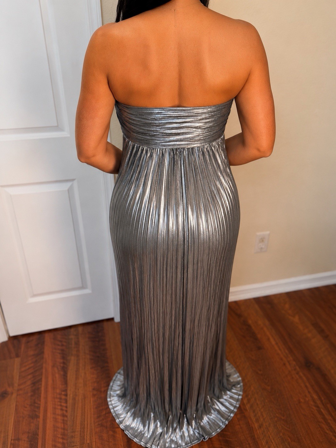 B Silver Strapless Sweetheart Pleated Maxi Dress Polyester Size L